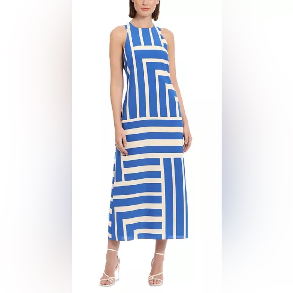 Donna Morgan Blue and Cream Geometric Maxi Dress